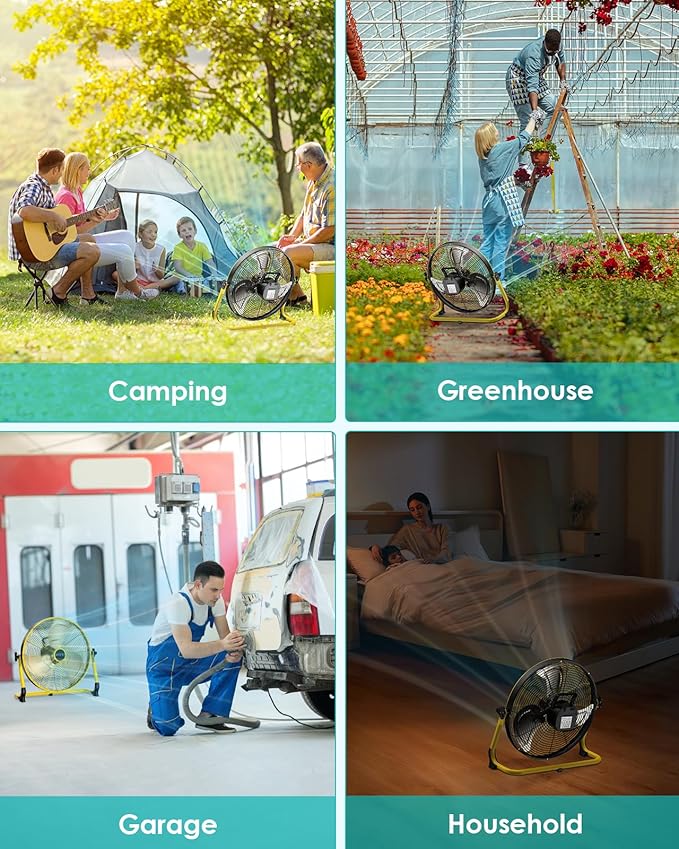 ZHULI 18" Portable Battery Operated Floor Fan, Rechargeable Cordless Camping Fan, Hi-Velocity Brushless Motor, Metal blade, USB Phone Charge, 8~60H Runtime, Quiet, Wireless, For Outdoor Home Workshop