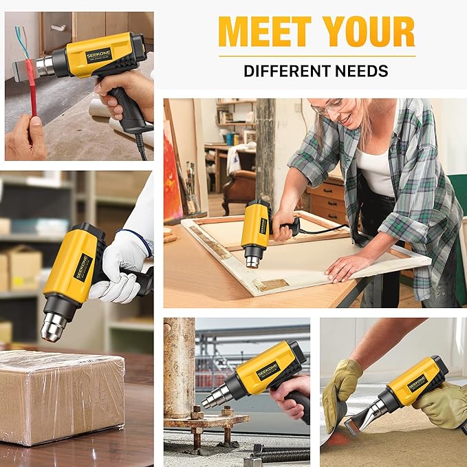 SEEKONE 1800W Heat Gun Compact Design Heavy Duty Hot Air Gun 122℉-1202℉（50℃- 650℃）Variable Temperature Control for 2 Speed Settings with 4 Nozzels for Crafts, Vinyl Wrap, Shrink Tubing