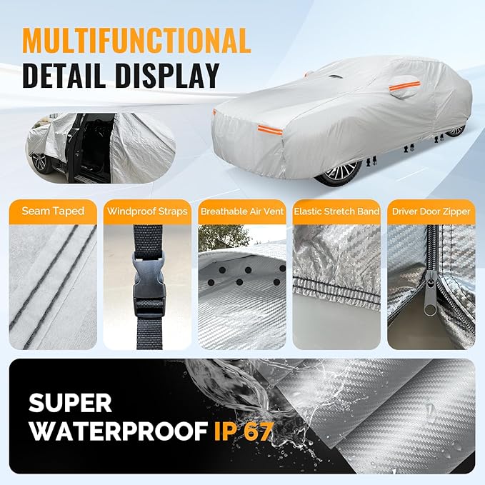 30 Layers Heavy Duty Car Cover for Automobiles All Weather Waterproof, Outdoor Snowproof UV Protection Windproof, Door Zipper, Soft Cotton Universal Car Covers (Silver, Fit Sedans 201"-210")