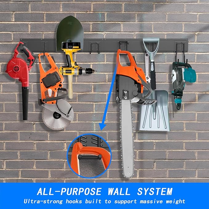 CBWLWJ Garage Tool Organizer Wall Mount, 48 inch Garage Wall Organizer, 400lbs Sturdy Garden Tool Organizer with 6 Adjustable Hooks, for Yard, Shed, Basement, Workshop(Black)