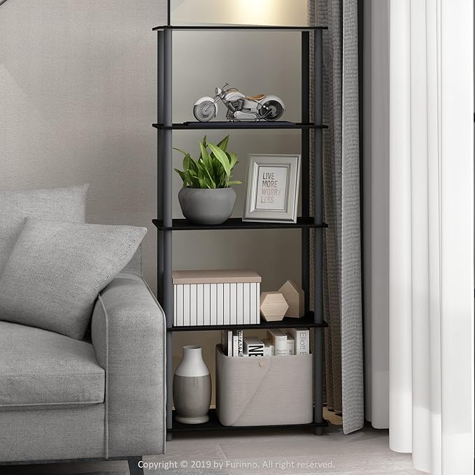 Furinno TURN-N-TUBE Storage Shelves, 5-Tier Book Shelf, Corner Shelf, Toolless Open Shelves, for Organization and Storage, Living Room, Garage, Home Office, Black