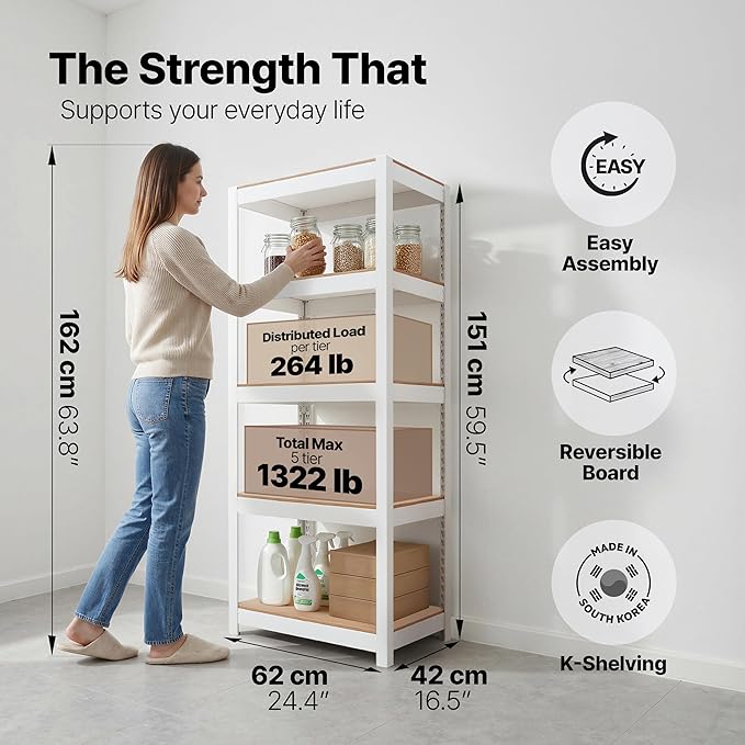 HOMEDANT House 5 Tier 24.1" W Laminated Metal Shelving Unit Adjustable Storage Utility Rack Heavy Duty Shelves Organization Multipurpose Shelf Kitchen Garage Pantry Closet 1 Pack