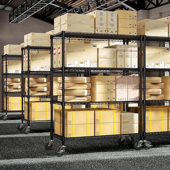 M MZG 53" W Storage Shelves 1760LBS 4 Tier Metal Shelving Unit with Wheels Heavy Duty Garage Shelving Adjustable Wire Shelves for Pantry,Kitchen,Garage,Basement,Black 23.6" D x 53.2" W x 73.6" H