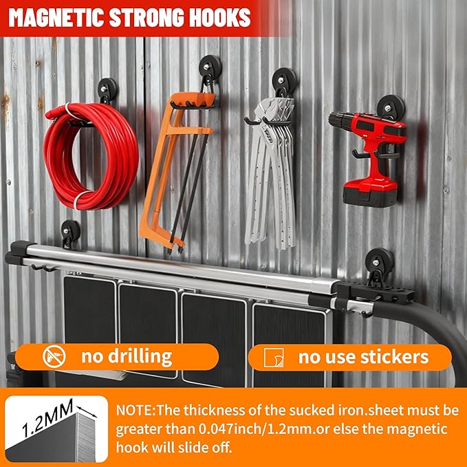 4 Pack Heavy Duty Magnetic Garage Hooks,No Drill Installation and Rubber Coating for Scratch-Free Use,Space Saving Large Utility Hooks for Kitchen,Tools,Pegboard,Workshop (Red 2pcs+Black 2pcs)