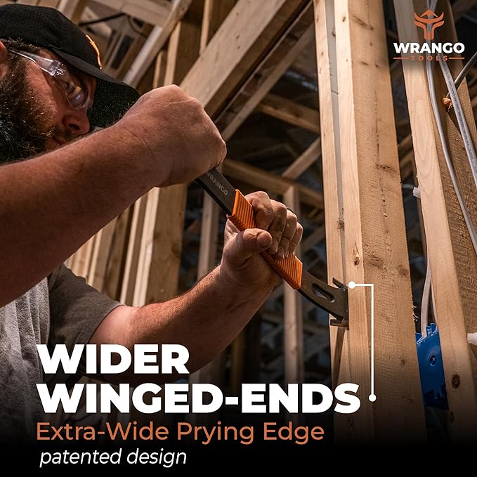 Wrango Tools - 15" Flat Bar Pry Bar - Patented Wide Winged Ends - Heavy Duty Crowbar with Nail Pullers - High Carbon Steel with Shock Absorbing Grip - Roofing & Construction Tool - 5% Donated To Help Farmers