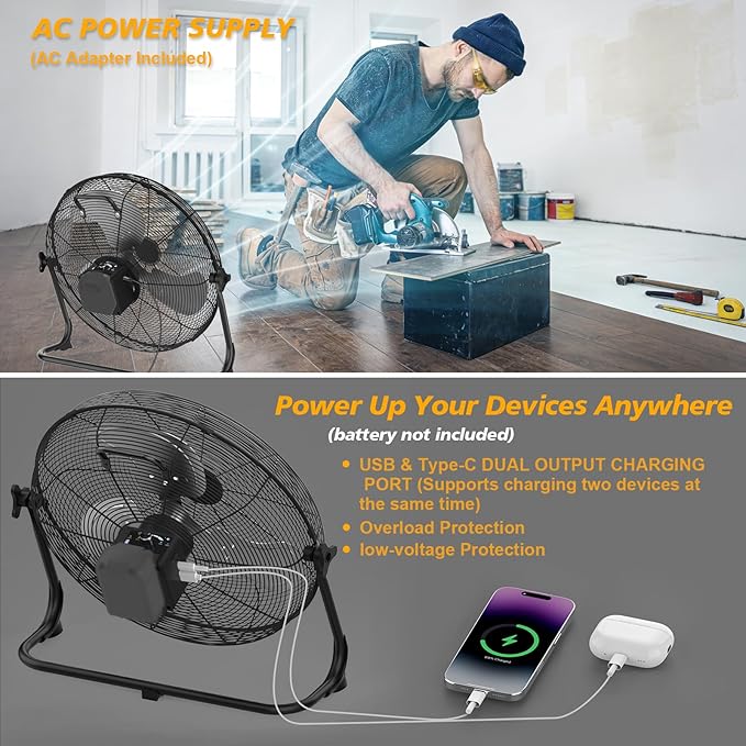 16" Battery Operated Floor Fan Compatible with Dewalt 20V Max Battery, Portable Cordless Fan with AC Adapter, USB and Type C Output, Variable Speed Fans for Jobsite Garage Camping (No Battery)