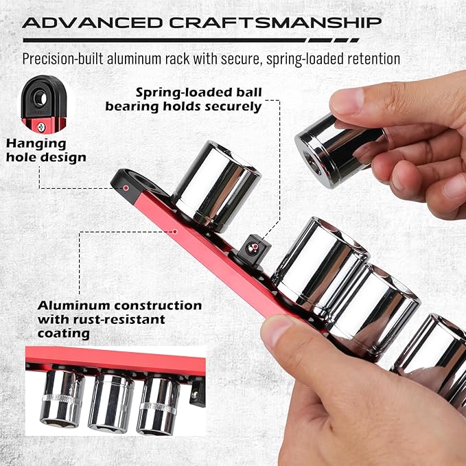 8-Piece Magnetic Socket and Wrench Organizer Set, Metric & SAE, 1/4", 3/8", 1/2" Drive Socket Rail, 24-Slots Wrench Holder with Non-Slip Handle for Toolbox Drawer Storage (Socket Wrench not Included)