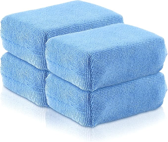 4 PCS Microfiber Applicator Pad, 4.7"x3.1" Scratch-Free Foam Buffing Scrub Pads, Car Wash Sponges for Effortless Detail Polishing, Waxing, Tire Shining, Interior Cleaning, Scrubbing (Blue)