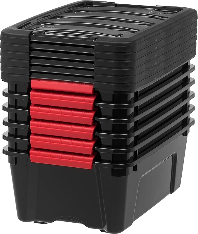 IRIS USA 13 QT Plastic Storage Box with Lid and Latches - 6 Pack - BPA-Free, Garage Organizing Solution, Durable Nestable Stackable Containers, Secure Pull Handle - Black