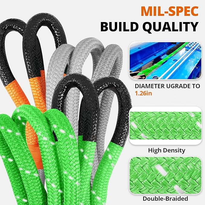 Kinetic Recovery Tow Rope: 1.26" x 20ft 55000LBS Reflective Snatch Strap with Soft Shackles Heavy Duty Offroad Towing Straps Kit for Trucks SUV UTV ATV Tractor Car Jeep - Neon Green