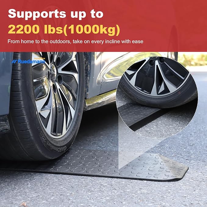 Ruedamann 2" Rise Rubber Threshold Ramp, 42.9" Wide Wheelchair Ramp, 2200 Lbs Capacity, Entry Ramp, Curb Ramp with Non-Slip Surface, for Wheelchairs, Scooter, Power Chairs, Driveways