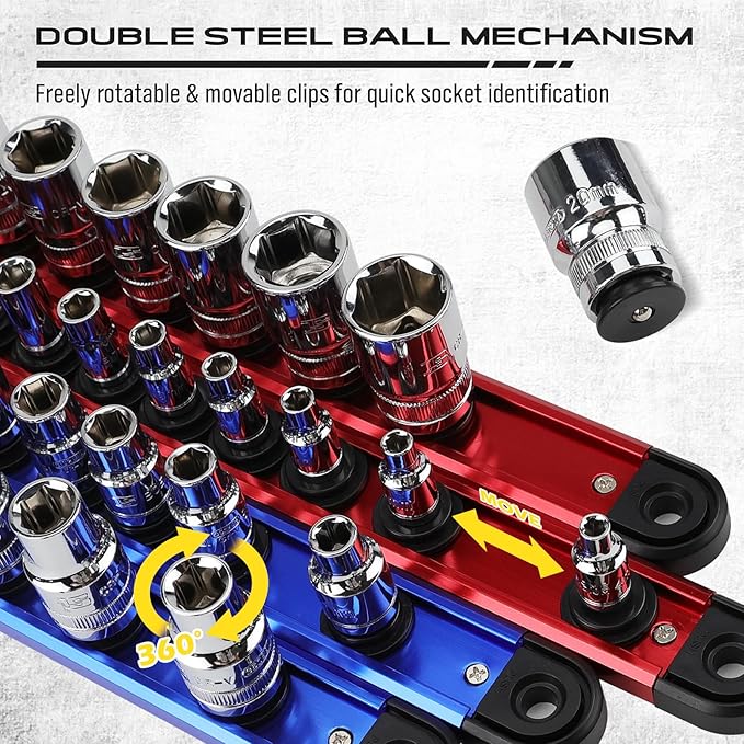 8-Piece Magnetic Socket and Wrench Organizer Set, Metric & SAE, 1/4", 3/8", 1/2" Drive Socket Rail, 24-Slots Wrench Holder with Non-Slip Handle for Toolbox Drawer Storage (Socket Wrench not Included)