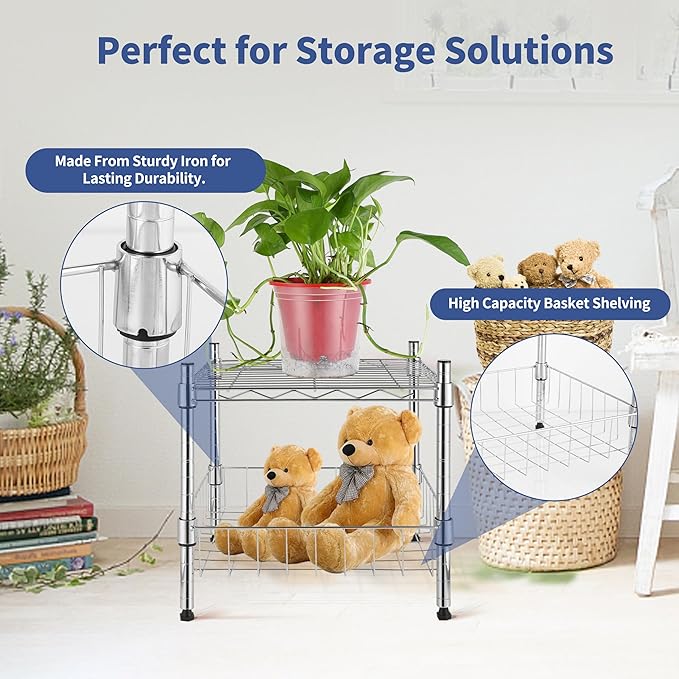 YSSOA 2-Tier Shelving Unit, 15" W x 13.8" D x 15" H Wire Metal Stackable Storage with Basket, Chrome, 2 Pack
