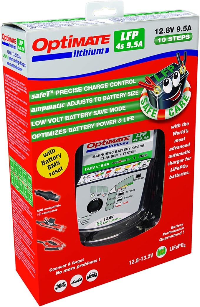 Tecmate Optimate Lithium 4s 10A, TM-275v2, 10-Step 12.8V 10A Sealed Battery Saving Charger & maintainer