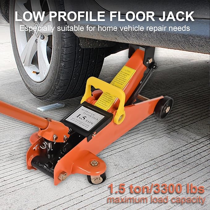 A A IN AA094 Hydraulic Low Profile Steel Floor Jack, Trolley Service Lift Car Garage Floor Jack, 1.5 Ton (3300 lbs) Capacity, Orange