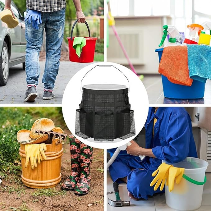 5 Gallon Bucket Tool Organizer, Adjustable Bucket Storage Bag with Mesh Compartments, Durable Black Garden Tool Caddy Swivel Seat Pouch for Ice Fishing, Car Cleaning, Hiking