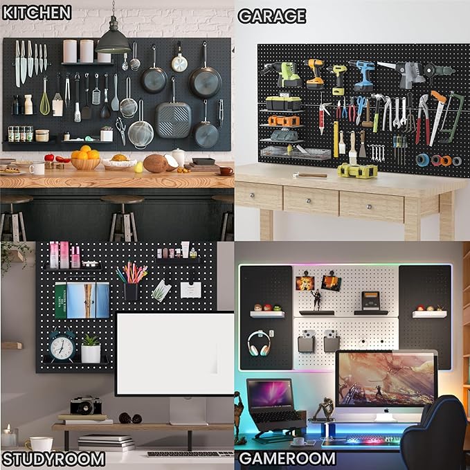Peg Board Wall Organizer Panels - 6Pcs Black ABS Pegboard Wall Mount for Home, Craft Room, Garage, Kitchen, Workshop, Tool Organization, 10*10in (No Hooks and Bins)