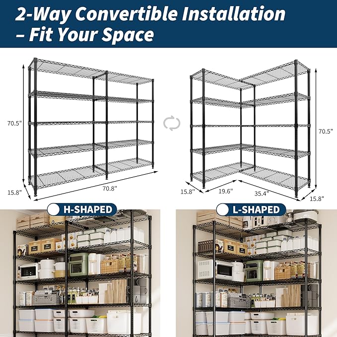 5-Tier Metal Storage Shelves, Heavy Duty Wire Rack Shelving Unit for Garage Kitchen Storage, 15.7"D x 71"W x 70.5"H Adjustable Shelf for Basement & Pantry Room Organization, Easy Assembly