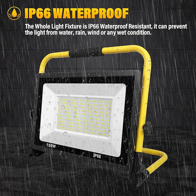 Willpower Portable LED Work Light 150W Job Site Lights 15000LM IP66 Waterproof Construction Floodlights Outdoor with Stand 6000K Daylight White for Camping Workshop Garage with 3.5m Wire Plug