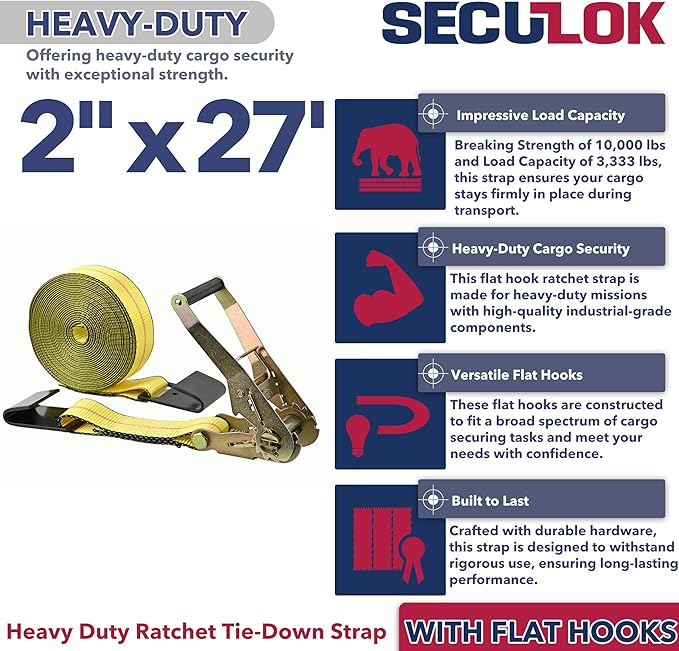 2" x 27' Heavy Duty Ratchet Tie Down Straps w/Flat Hooks, 3,333 Lbs WLL Cargo Control for Trucks & Trailers, 2 Inch Durable Straps for Motorcycle, ATV & Boat Transportation, 2 Pack