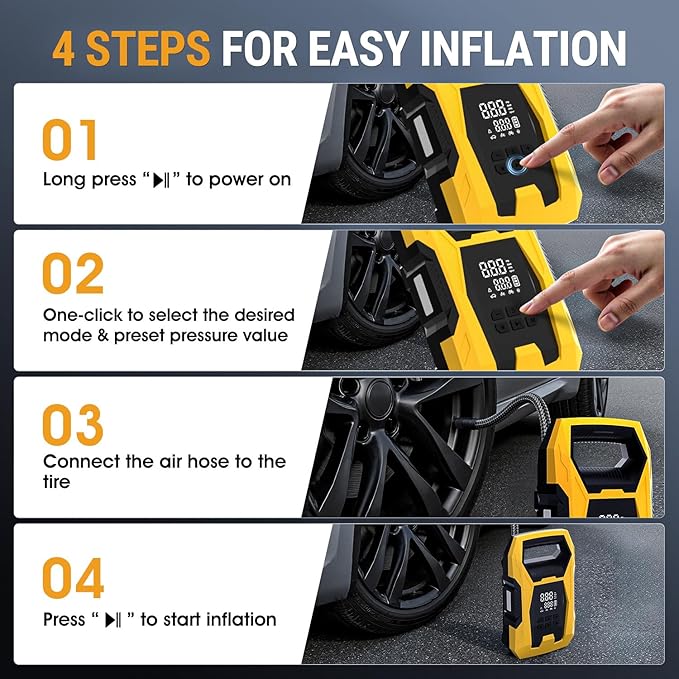 CARSUN Cordless Tire Inflator Portable Air Compressor, 150 PSI Portable Air Pump for Car Tires with Digital Dual Values Display, Tire Pump for Car, Bike, Motorcycle, Ball (with 7800mAh Battery)