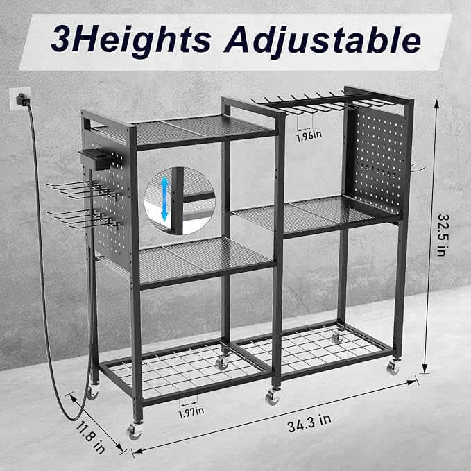 6-Tier Large Power Tool Organizer Cart with Charging Station, Heavy-Duty Garage Rolling Tool Cart with 6 Wheels, 8 Hooks & Adjustable Shelves, Holds 700LBS+