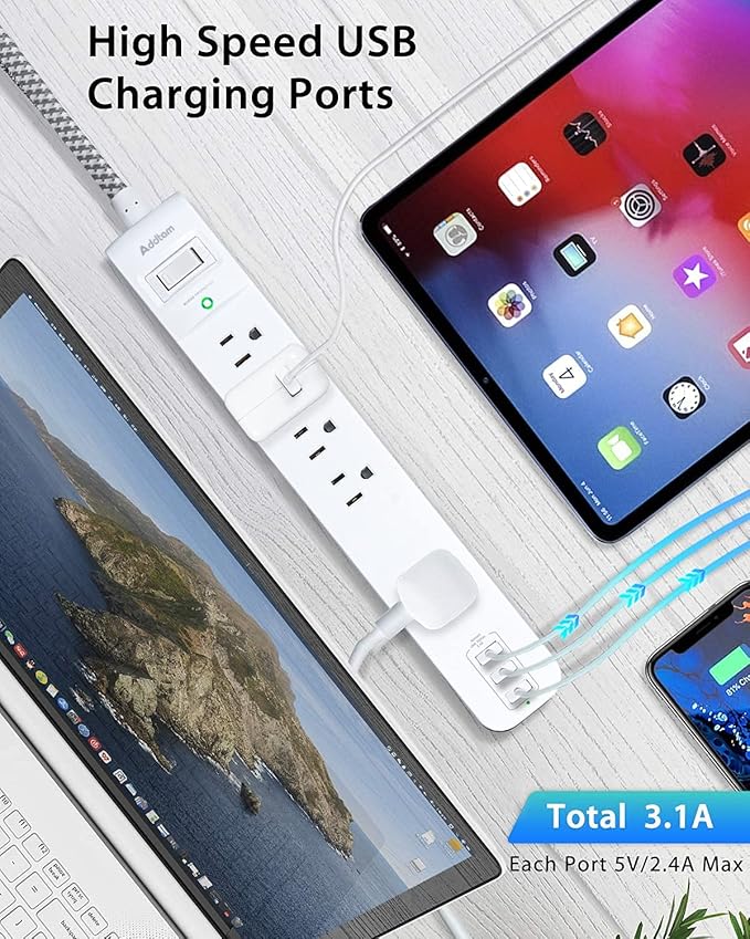 Surge Protector Power Strip - 10 FT Long Extension Cord with 5 Widely AC Outlets 3 USB Ports, Flat Plug with Overload Surge Protection for Home, Office, Dorm Essentials (2 Pack)