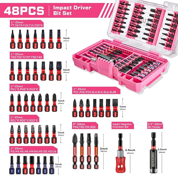 Geinxurn 48Pieces Impact Screwdriver Bits Set, Magnetic S2 Steel Phillips/Slotted/Square/Torx Insert Power Bits Tips, Impact Bit Holder with Pink Storage Box Case