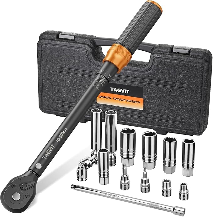 14 PCS Swivel Magnetic Spark Plug Socket Set with Torque Wrench 3/8 Inch Drive, 10-60 Nm 72 Tooth Click Torque Wrench with Universal Joint, Extension Bar, Bits for Easy Spark Plug Removal