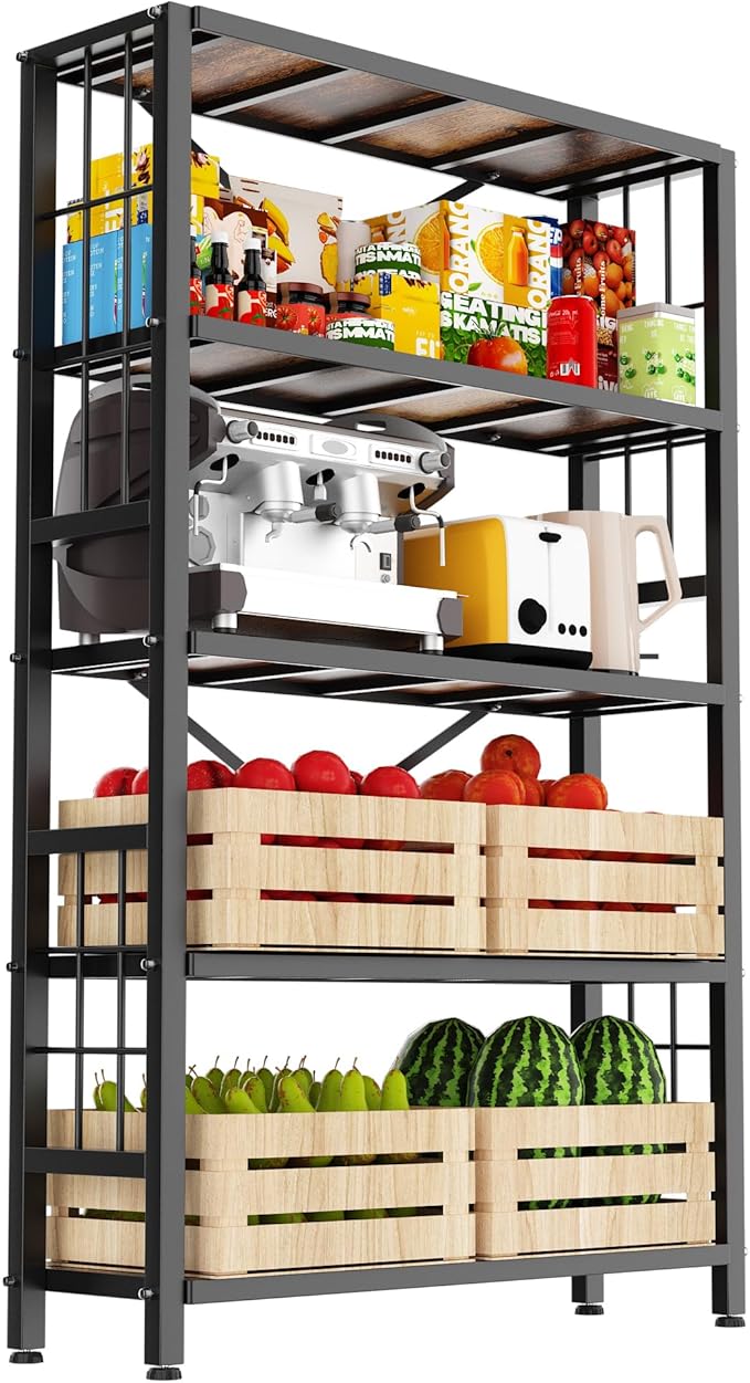 GIOTORENT 5-Tier Kitchen Storage with Wooden Boards, Heavy Duty Storage Shelves & Bookshelf, Adjustable Metal Shelving Unit for Garage Kitchen Bathroom Laundry Organizer, 1500LB Capacity, Black