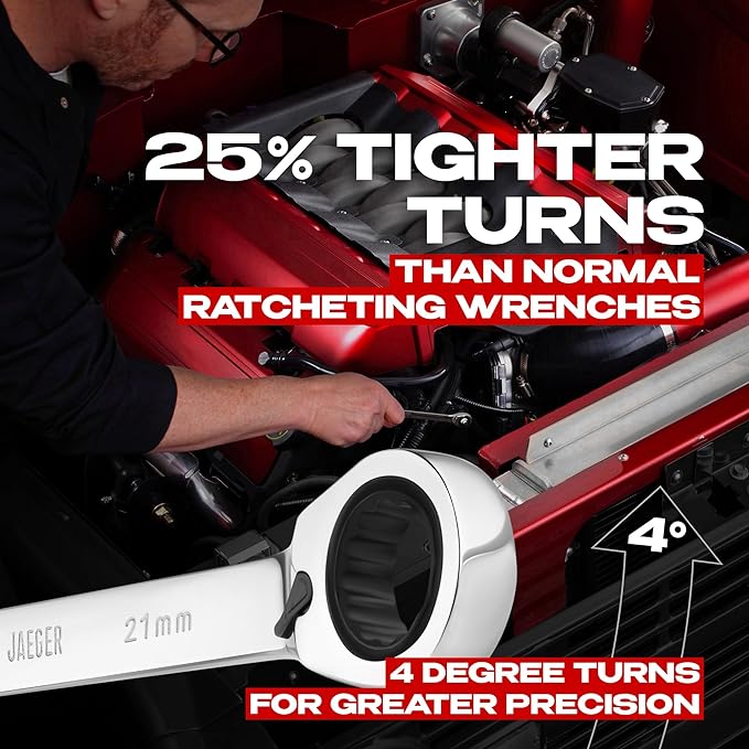 Jaeger 16pc MM/Metric Reversible Ratcheting Combination Wrench Set With Lock-In Rack - REVERSIBLE MASTER SET With Ratchet Speed Wrenches And A Lock-In Rack Case