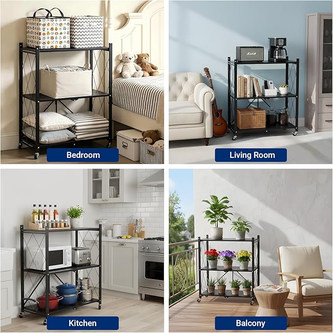 3 Tier Foldable Storage Shelves with Wheels, Metal Collapsible Organization Storage Rack, No Assembly Folding Bookshelf, Rolling Storage Rack for Kitchen, Bedroom, Pantry, Garage, Display, Black