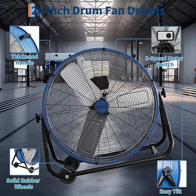 24 in Industrial Floor Fan, Heavy Duty Industrial Floor Fan with Adjustable 3 Speed 4800-8800 CFM Cooling, for Industrial Commercial Space Garage, Metal Blades/360° Rotation, Blue