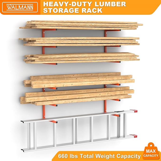 WALMANN Garage Wall Mounted Lumber Storage Rack, Overhead Heavy Duty One-Piece Design Lumber Rack for Woodworking Shop(1 Pair)
