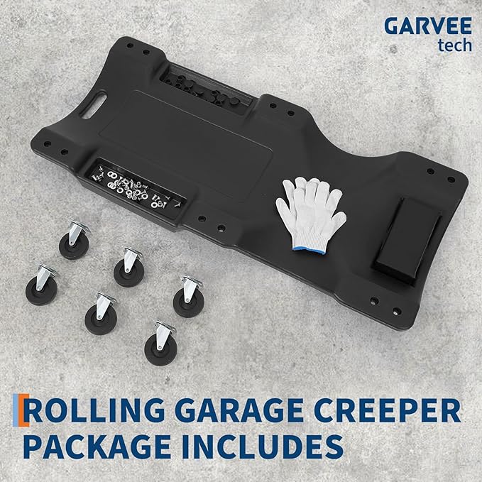 Garvee 40" Plastic Rolling Automotive Garage/Shop Creeper,350 Lbs Blow Molded Ergonomic HDPE Body Low Profile Mechanic Creeper with Padded Headrest, Dual Tool Trays and 6 Casters