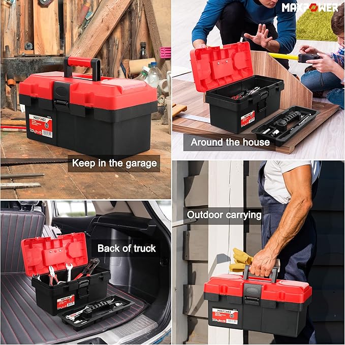 MAXPOWER Small Tool Box, 14-inch Plastic Tool Boxes with Handle, Removable Tray with Dual Lock Secured, Red Toolbox for Home