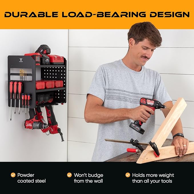 Power Tool Organizer Wall Mount, 4 Layer Heavy Duty Metal Tool Storage Rack with 4 Drill Holders, Pegboard Side Panels & Hooks, Garage Tool Organizer Wall Mount for Cordless Tools, Workshop, Shed