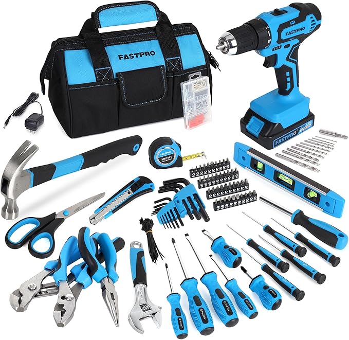 FASTPRO 232-Piece Home Tool Set with Drill, 20V Cordless Drill Driver, Household Repairing Tool Kit with Drill, 12-Inch Wide Mouth Storage Tool Bag Included, Blue