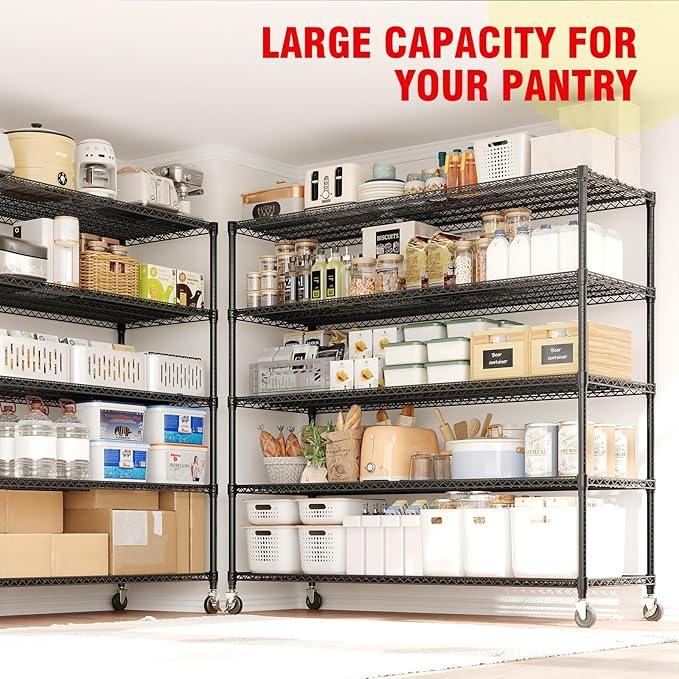 5 Tier Metel Shelving with Wheels, Garage Storage Shelves Heavy Duty Rack Load 3300LBS, Ajustable Black Wire Shelving Unit, for Home Garage Basement, Easy Assembly, 59" W X 24" D X 82" H