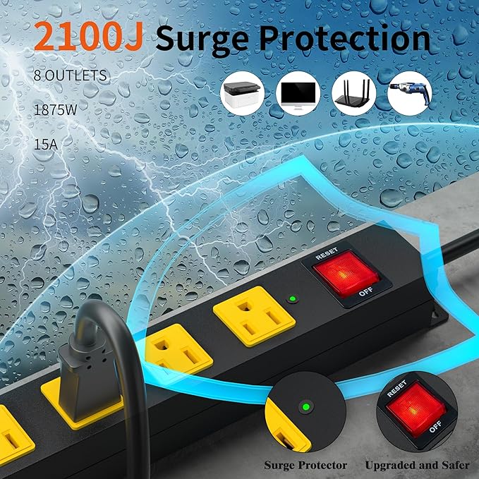 8 Outlet Power Strip 2100J Surge Protector, 10FT Heavy Duty Extension Cord Wide Spaced Outlet and Wall Mount Metal Powerstrip for Home Office Garage Workshop