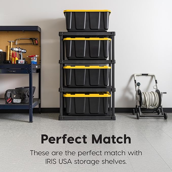 IRIS USA 8-Pack 27 Gallon Storage Bins with Lids |Made in USA| Heavy Duty Plastic Tote Containers for Truckbed Tool Box Organization, Large - Black/Yellow