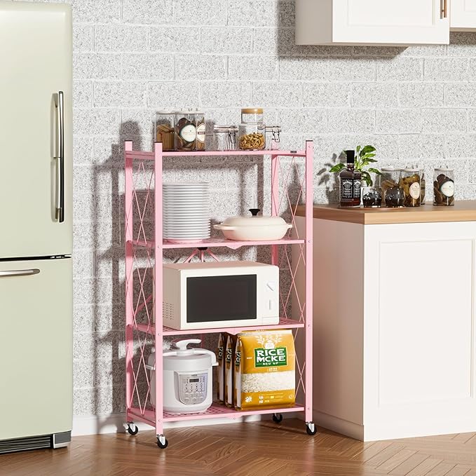 ALANNG Heavy Duty 4-Tier Folding Shelf with Wheels, No Tools Assembly Metal Storage Rack Cart, 264LBS Capacity for Kitchen, Pantry, Laundry Room, Garage, (Pink, 2PACK)