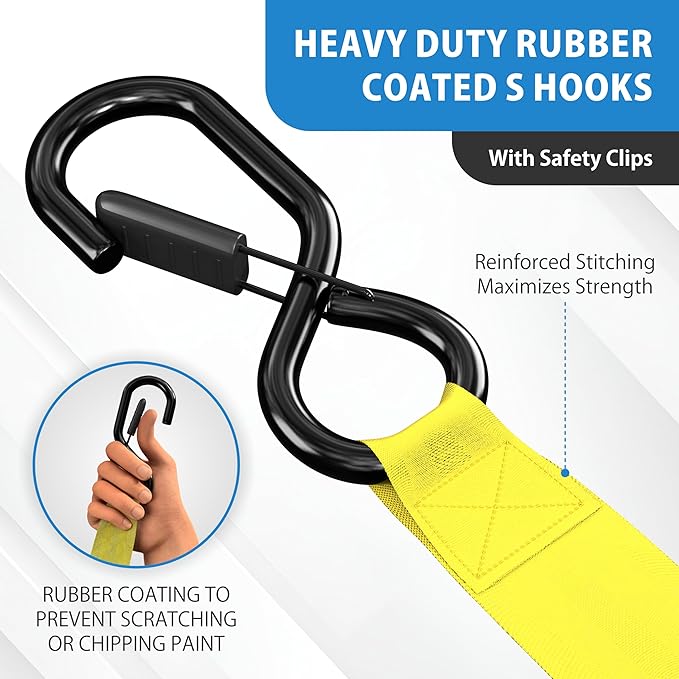 HandT USA Based Retractable Ratchet Straps (2PK) 1in x 6ft - 1,500lb Break Strength, Heavy Duty Automatic Ratchet Straps Self Retractable Tie Down, Push Button Retracting Truck Trailer Cargo | Yellow