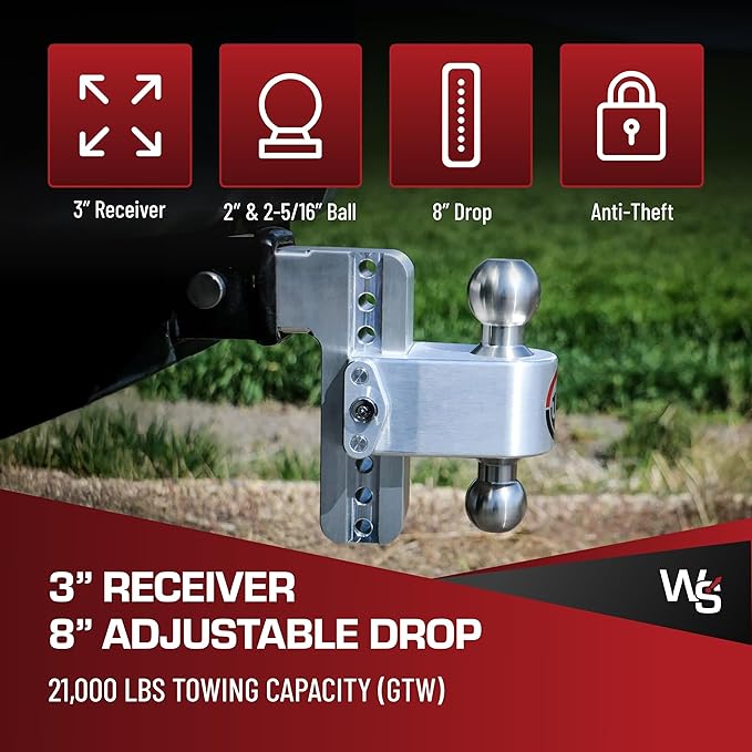 Weigh Safe 180-Degree Trailer Hitch - Adjustable Trailer Hitch for Towing - Compatible with 3" Receivers - 8" Drop, Stainless Steel Tow Balls, 21,000 GTW, 2-Piece Lock Set