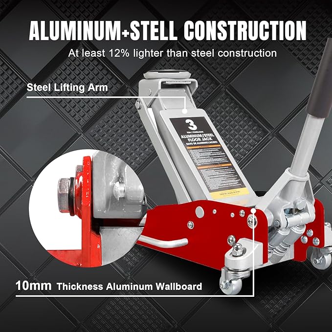 Torin 2.5 Ton Low Profile Aluminum/Steel Racing Floor Jack with Dual Piston Quick Lift Pump, 5521 lb Capacity, Lift Range 3.94"-18.31", SUV & Truck Compatible, Red
