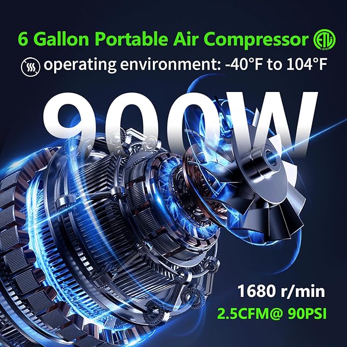 6 Gallon Portable Air Compressor 1HP 2.5 CFM@90PSI 60dB Ultra Quiet Oil Free Air Compressor Ideal for Tire Inflation Pneumatic Tool Spray Painting