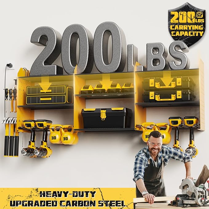 Power Tool Organizer, 45.5 Inch Cordless Drill Holder Wall Mounted, 3 Layers Tool Organizers with Outlet Power Strips , Garage Storage Rack for Toolbox/Impact Wrenches/Screwdriver/Plier/Hammer