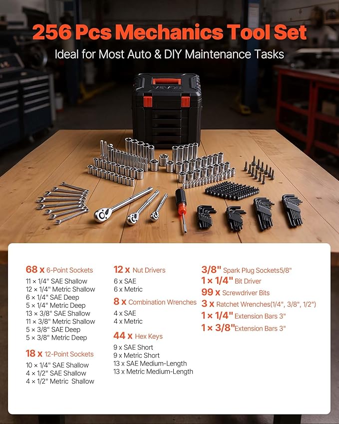 VEVOR Mechanics Tool Set, 256-Piece Mechanic Tool Kit, 1/4 in, 3/8 in, and 1/2 in Drive, SAE and Metric Socket Set, Wrenches, Screwdriver Bits, Accessories, and Storage Case, for Automotive Repair