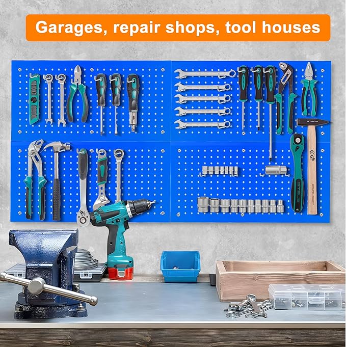 Metal Pegboard Panels 24" x 12" 4 Pack Heavy Duty Steel Pegboard Wall Organizer, Garage Utility Tools Pegboard Storage System for Workbench, Shop, Shed Modular Peg Board Organizer Board Kit (Blue)