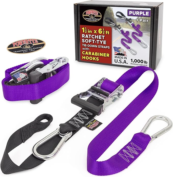 PowerTye 1.5in x 6.5ft Heavy Duty Ratchet Tie-Down Straps with Soft-Tye and Carabiner Hooks - 1,000 lb Working Load Limit / 3,000 lb Breaking Strength - Made in USA - Purple/Black (Pair)